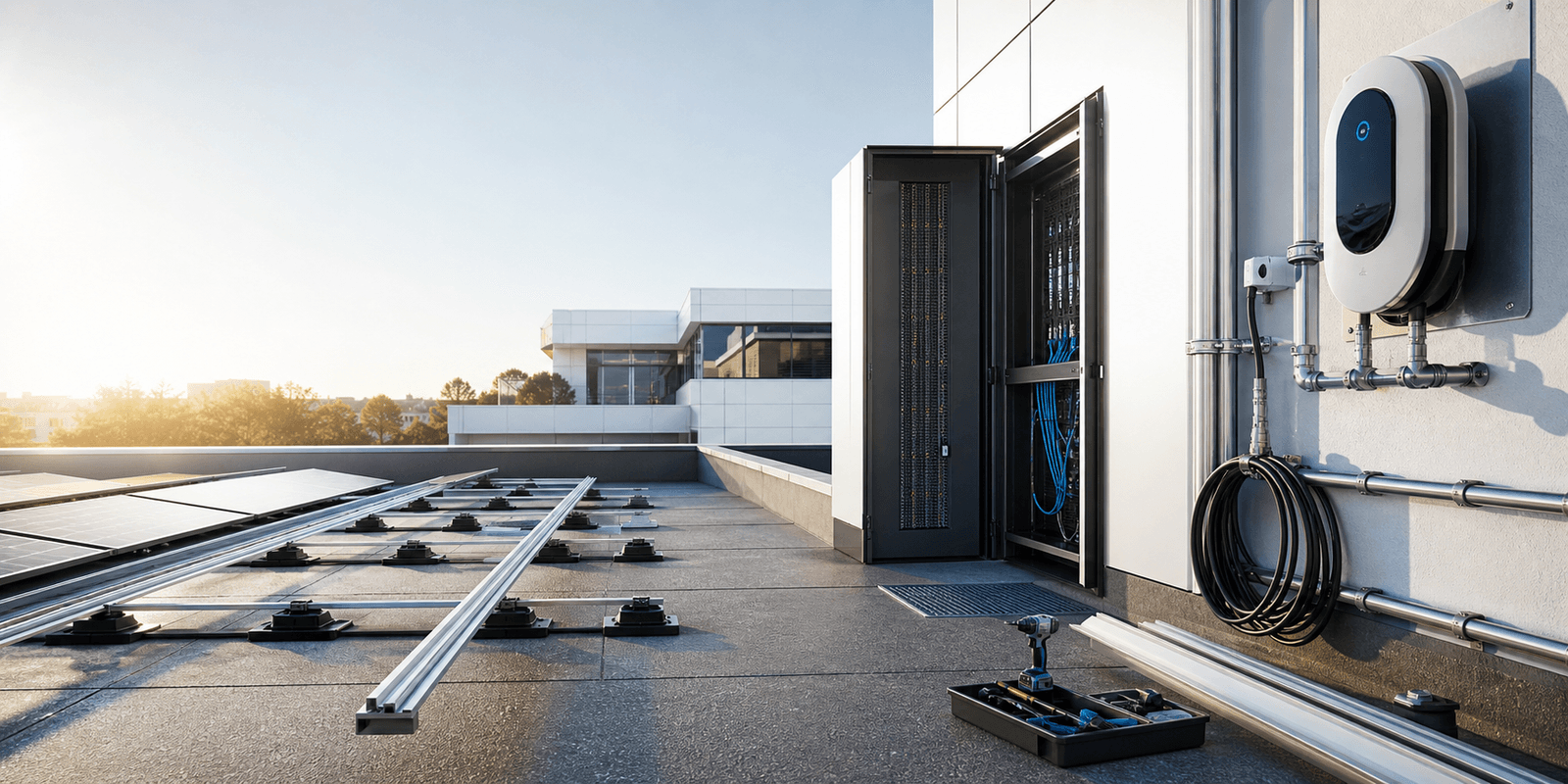 Moderne technische Montage mit PV-Unterkonstruktion und sauberer Kabelführung